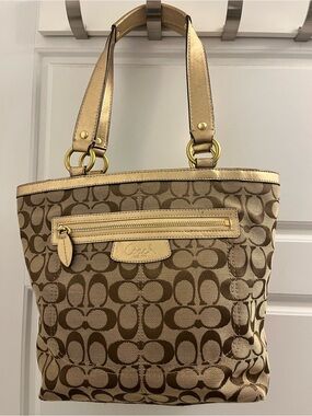 Vintage Coach Signature Canvas Tote Classic Beige/Brown With Gold Leather Accent